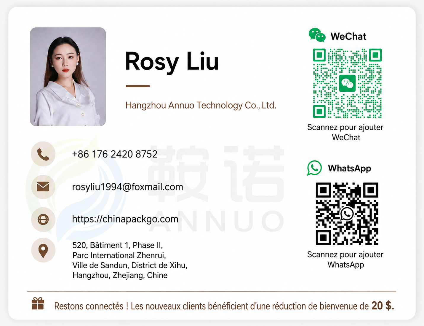 Carte de visite de Rosy Liu avec WeChat, WhatsApp, e-mail, site web et adresse de l’entreprise