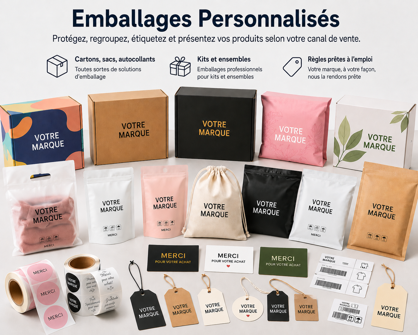 Options d’emballages personnalisés : cartons, sacs, autocollants, Étiquettes et packaging prêt pour votre marque