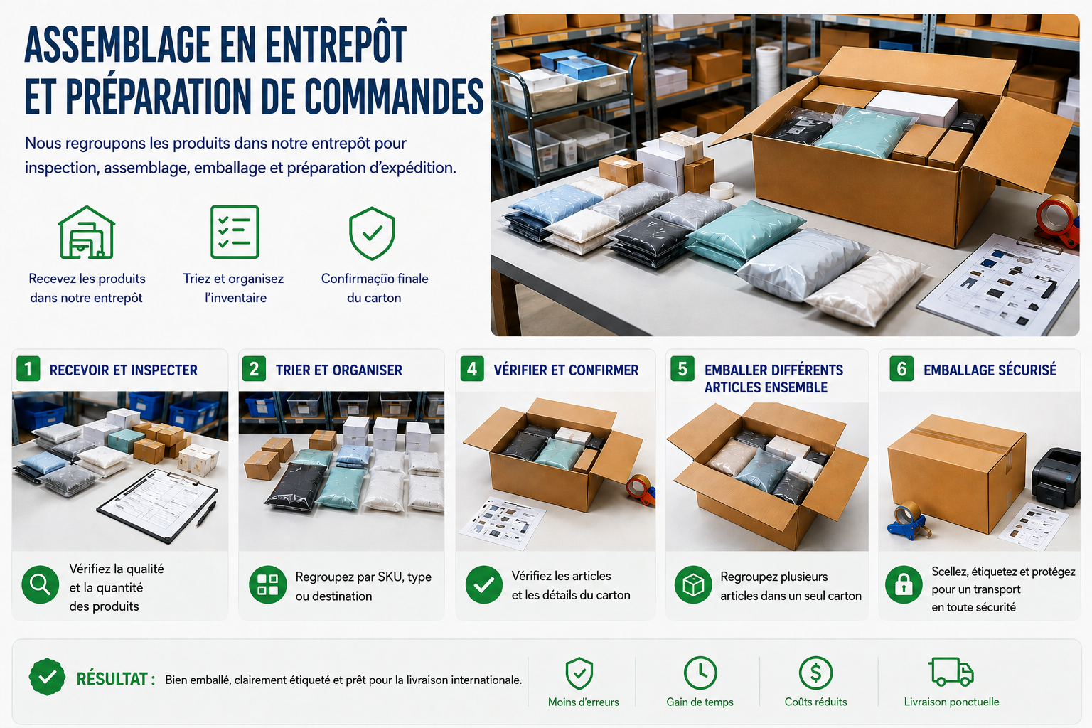 Processus d’assemblage en entrepôt et de préparation de commandes : réception, tri, confirmation, emballage et sécurisation des marchandises